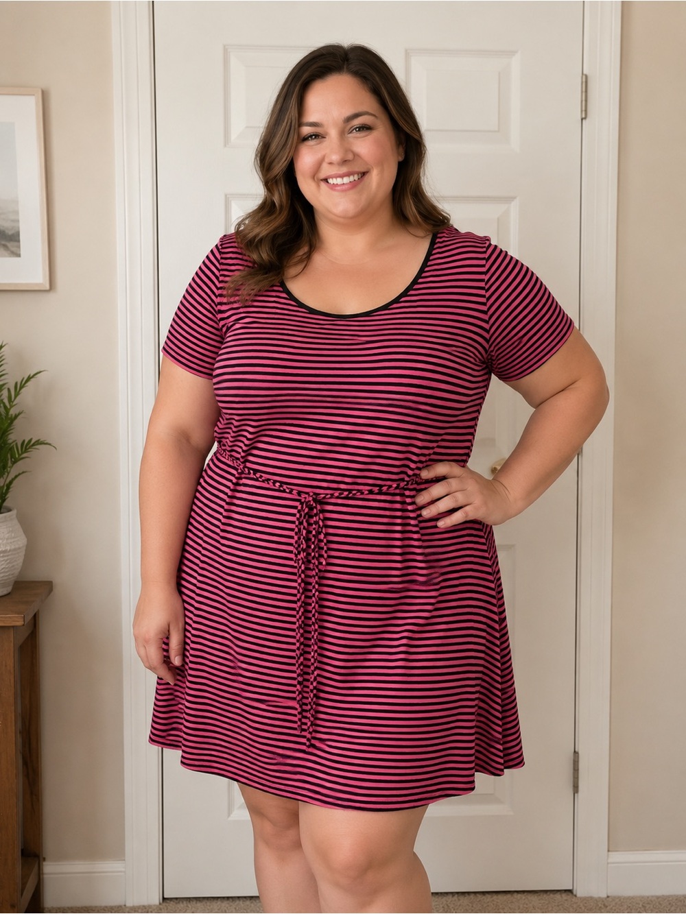 🌸 Just Love Plus Pink and Black Striped Scoop-Neck Mini Dress